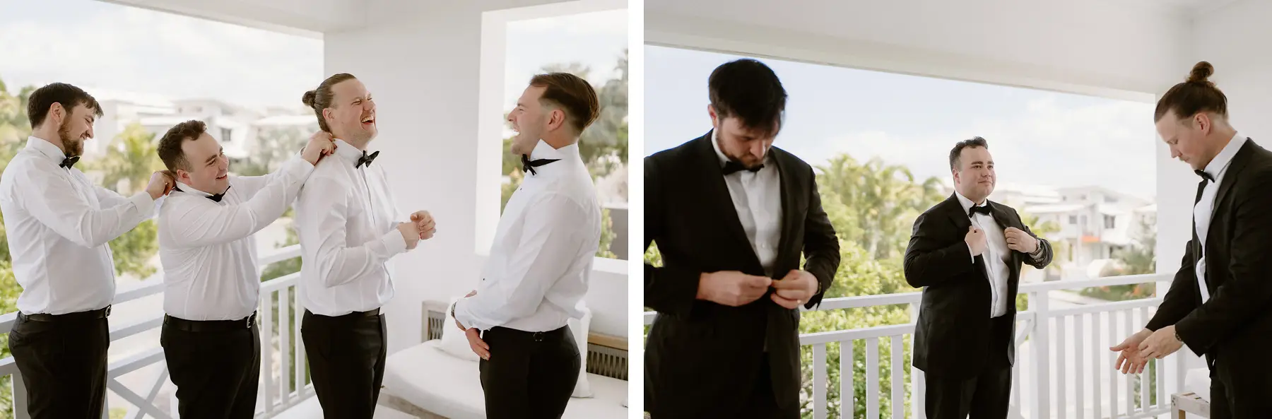 The groomsmen straightening bow ties on the balcony while Kaes buttons his jacket, Botanica Plantation House