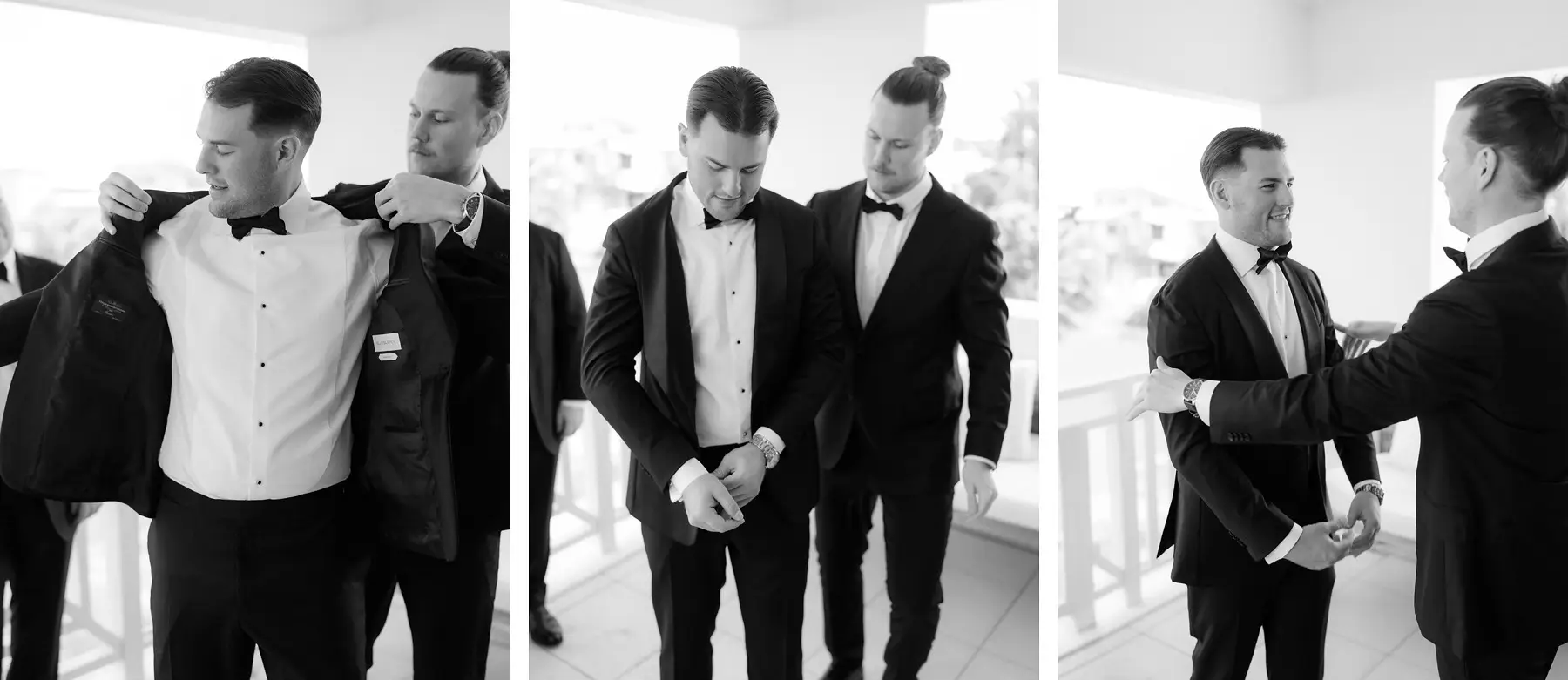 Kaes pulling on his dinner jacket with help from a groomsman, Botanica Plantation House