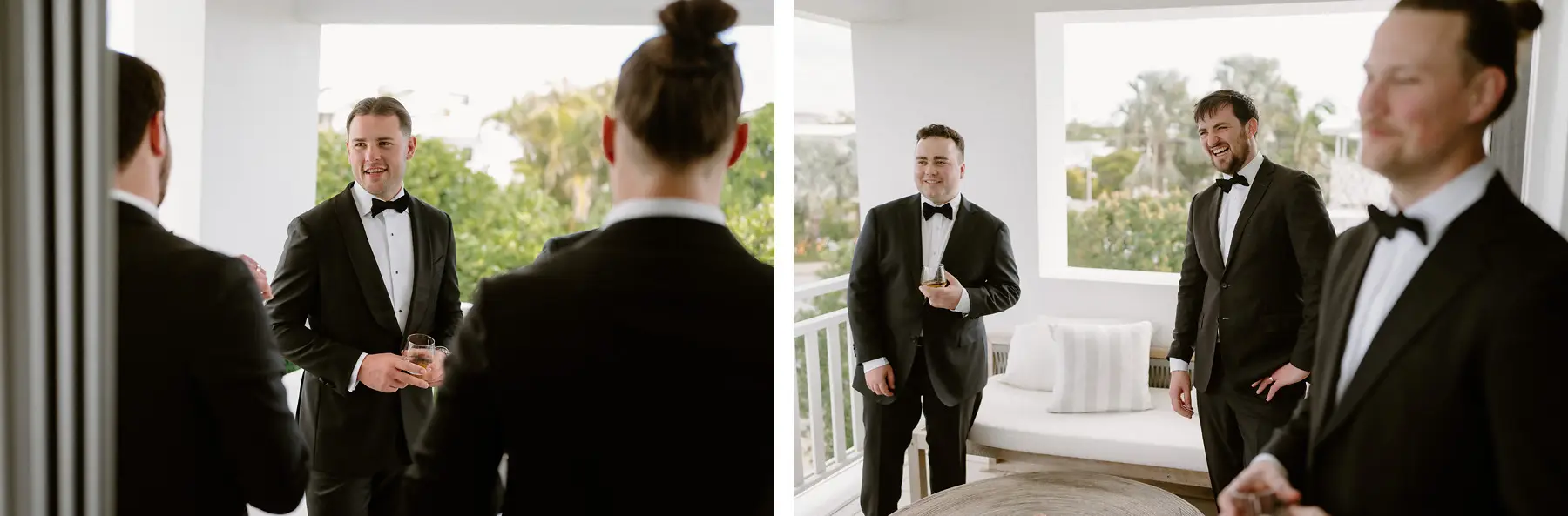 Kaes with a drink in hand among his groomsmen on the verandah, Botanica Plantation House