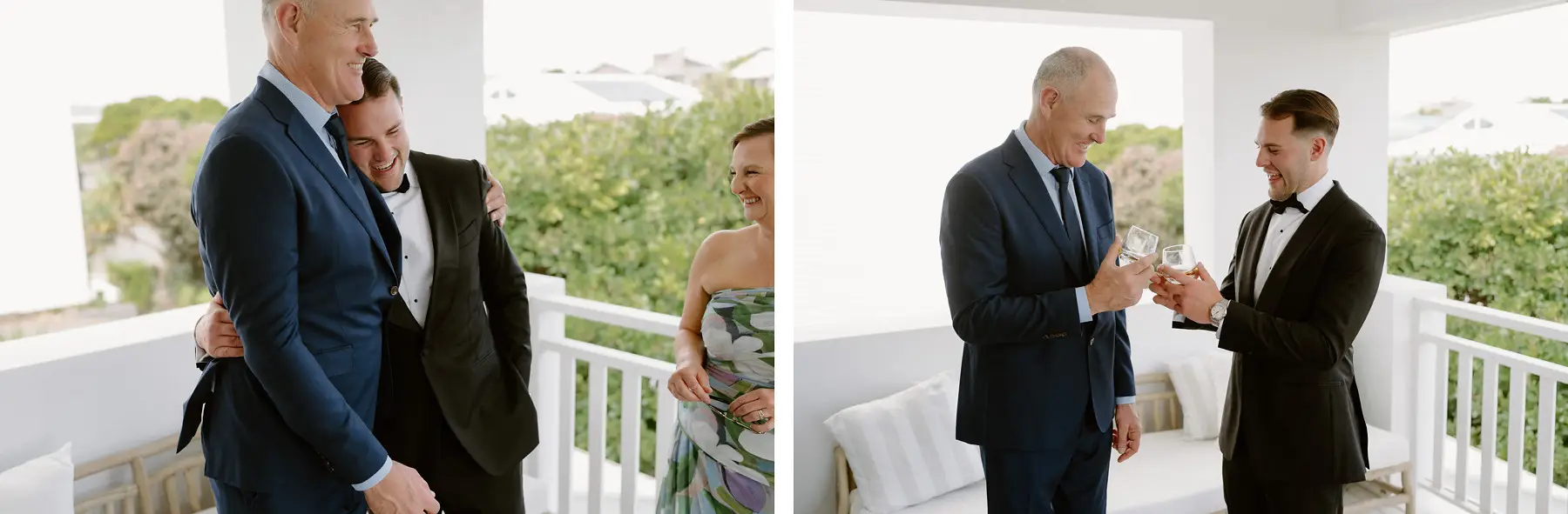 Kaes's parents congratulating him with a hug and a toast, Botanica Plantation House