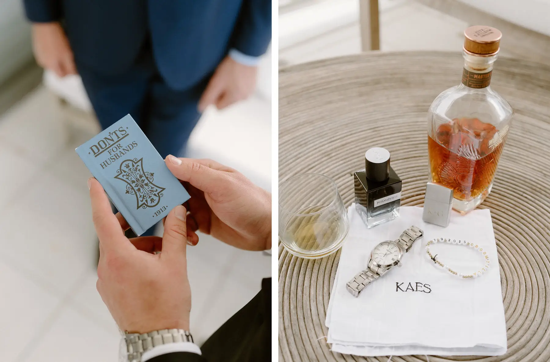 A vintage 'Don'ts for Best Men' booklet, and Kaes's monogrammed handkerchief with his watch and whisky, Botanica Plantation House