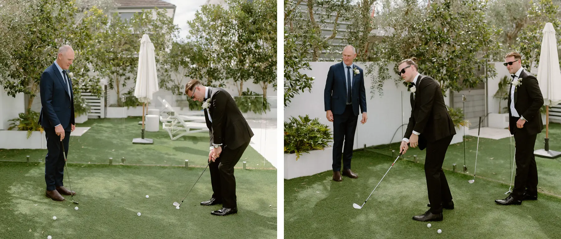 A pre-ceremony putting contest on the backyard green, Botanica Plantation House