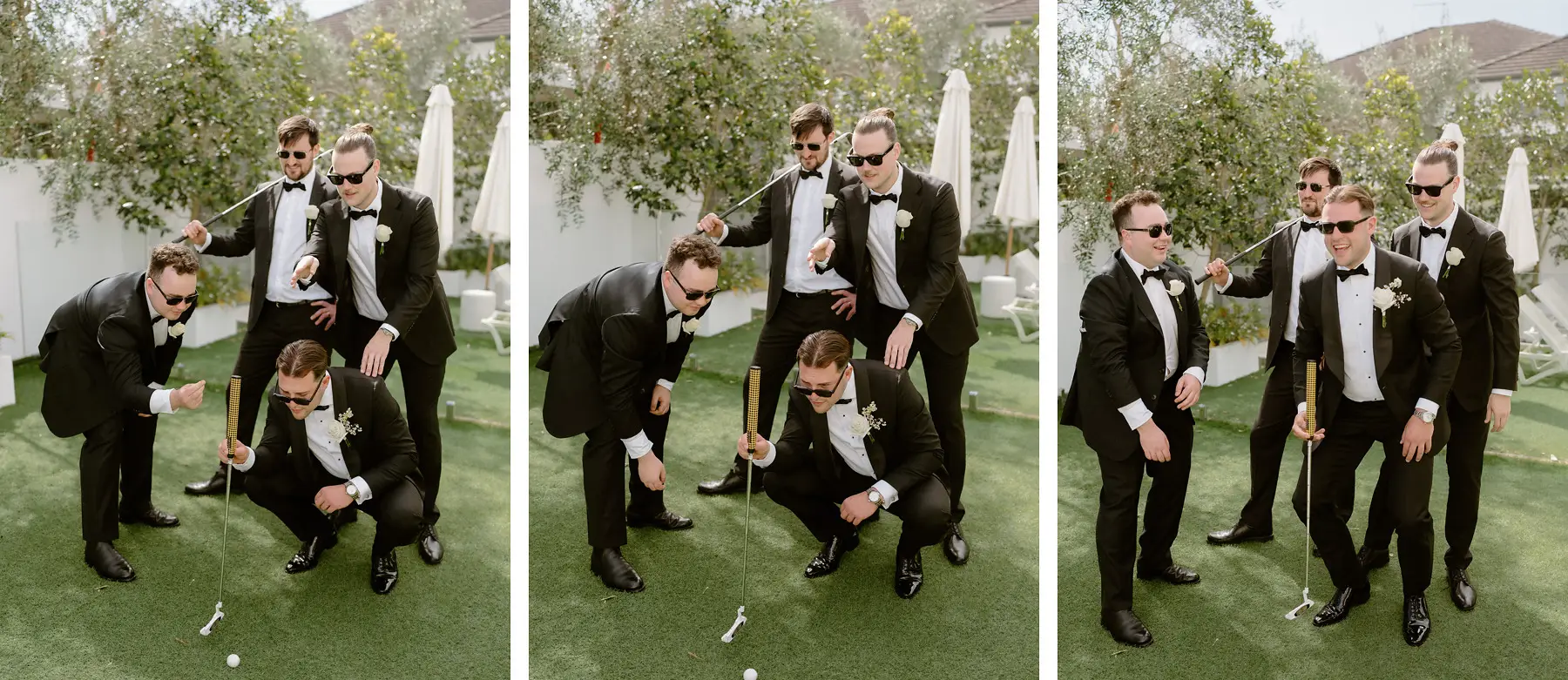 The groomsmen in sunglasses cheering the winning putt, Botanica Plantation House