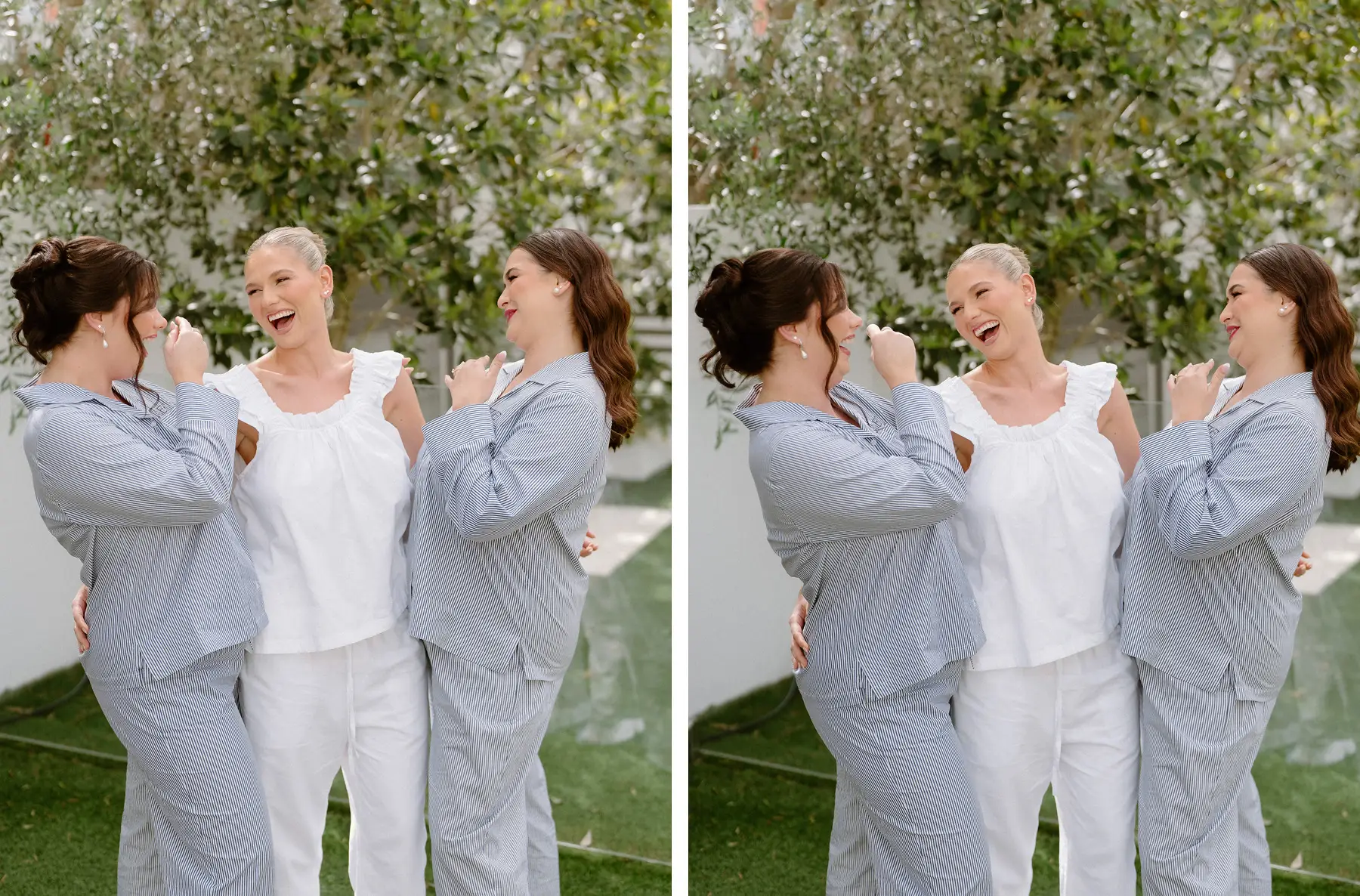Georgia laughing with her bridesmaids in their striped pyjamas, Botanica Plantation House