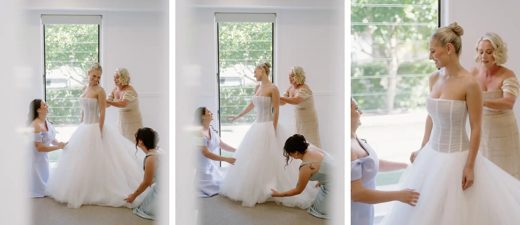 The bridesmaids fitting Georgia's tulle gown by the window, Botanica Plantation House