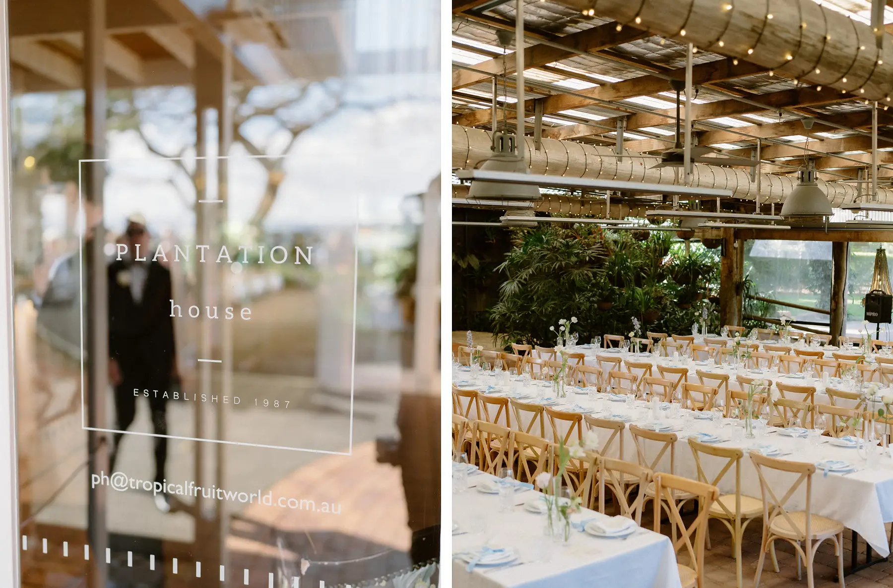 The Plantation House sign, and long reception tables set under hanging greenery, Botanica Plantation House