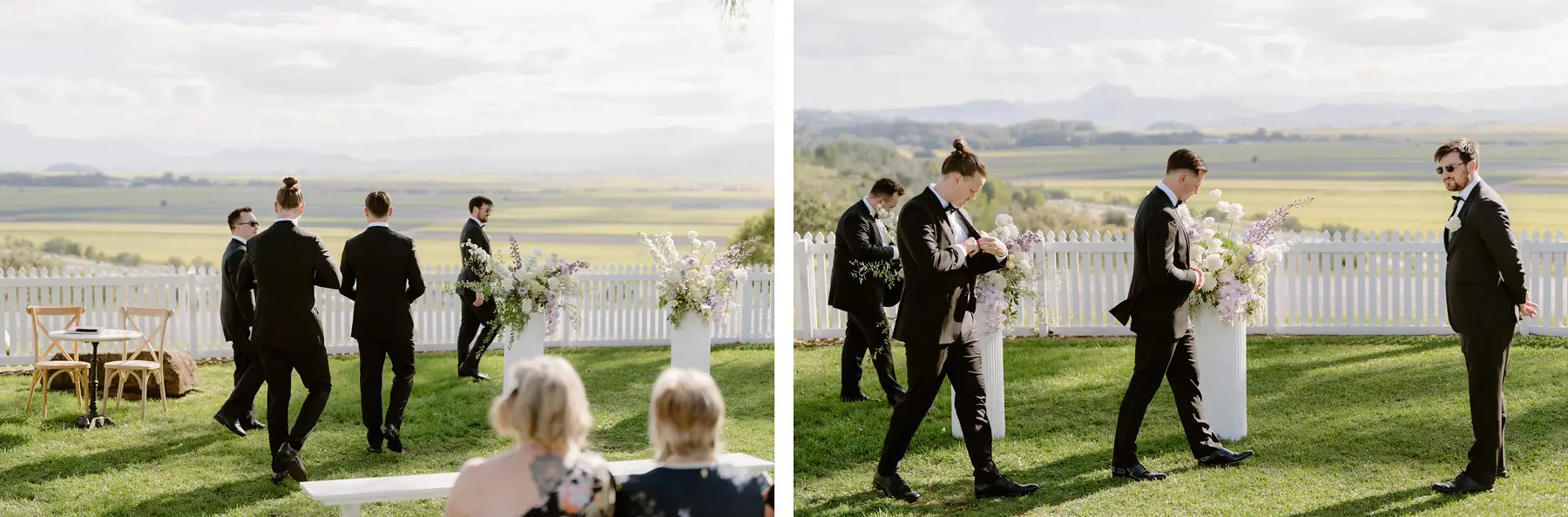 The groomsmen walking to the ceremony past the white picket fence and florals, Botanica Plantation House