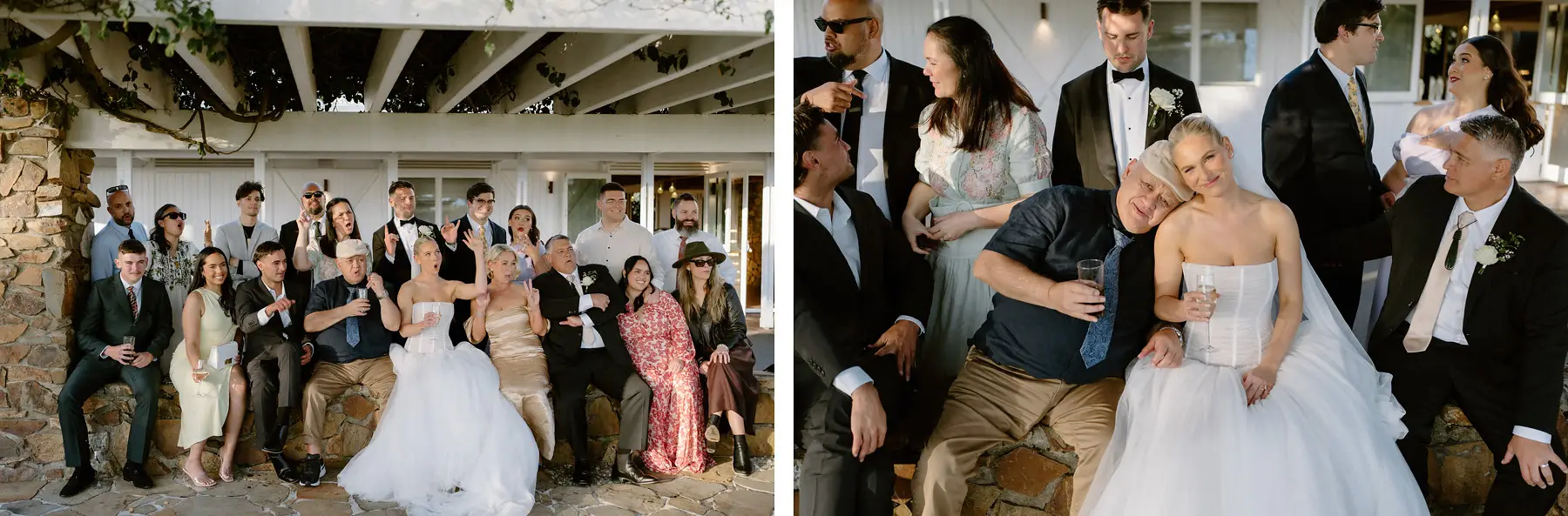 The extended crew crammed onto the stone verandah, Botanica Plantation House