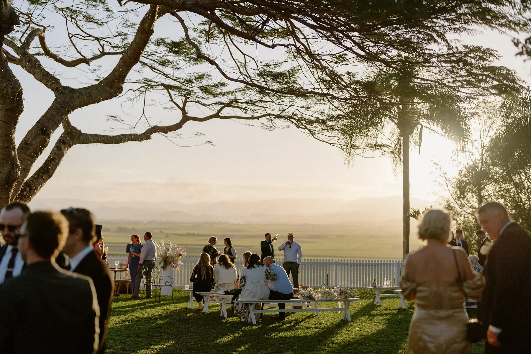 The lawn at golden hour, the valley glowing behind, Botanica Plantation House