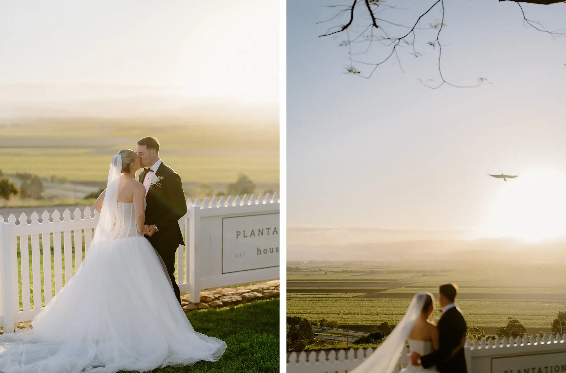 A kiss by the Plantation House sign, and a plane crossing the sunset sky, Botanica Plantation House