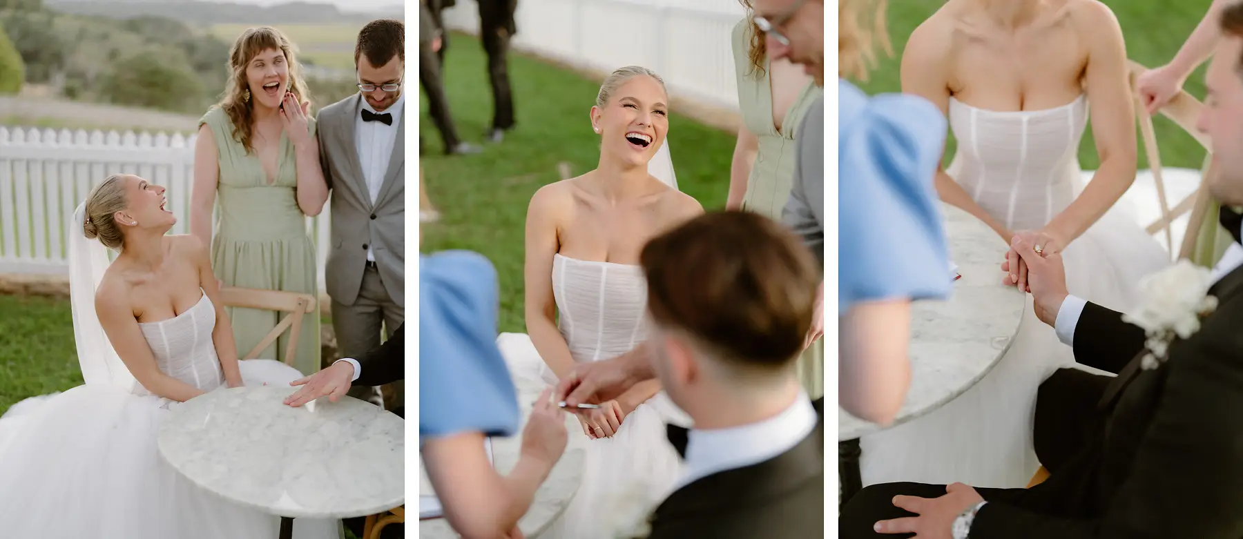 Laughter at the signing table with their witnesses, Botanica Plantation House