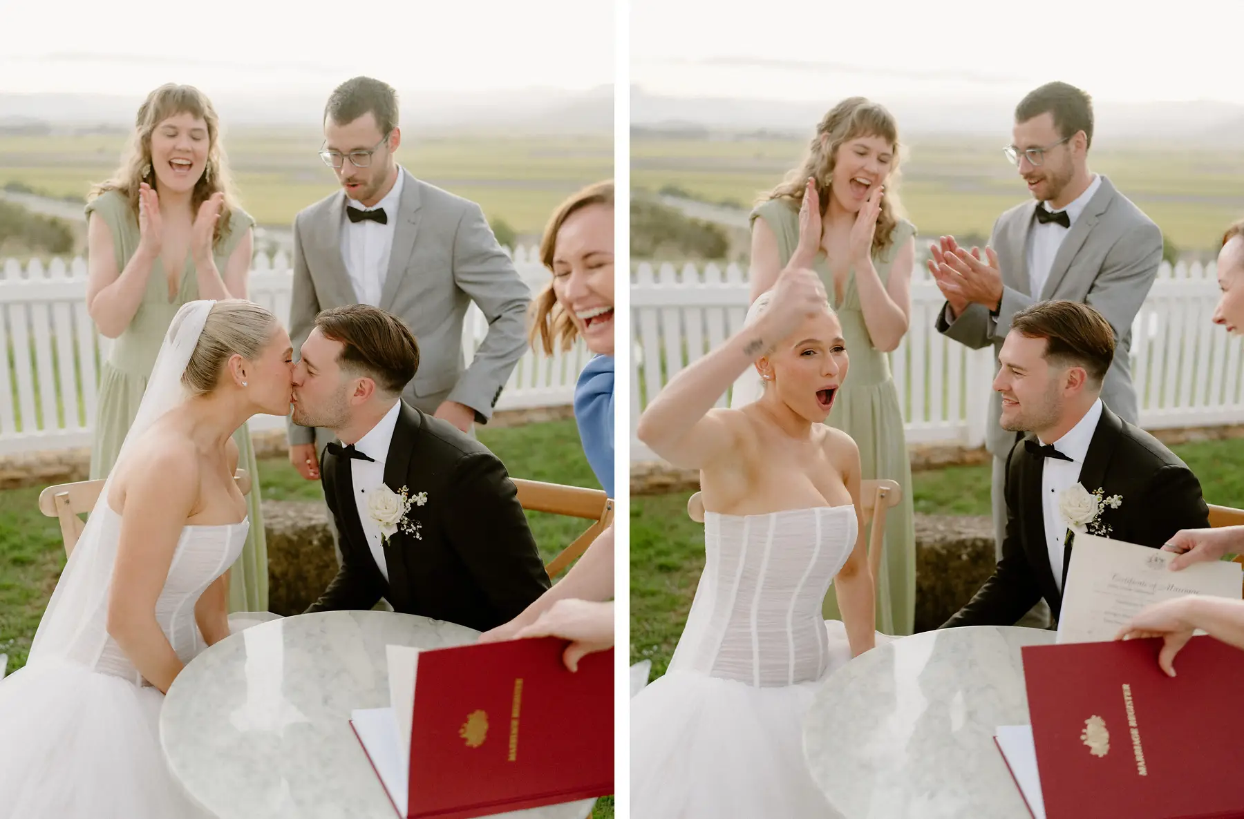 A kiss at the signing table as the witnesses applaud, Botanica Plantation House