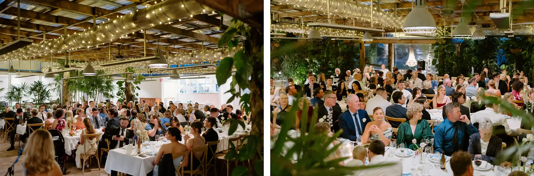 Long tables of guests under the festoon-lit ceiling, Botanica Plantation House
