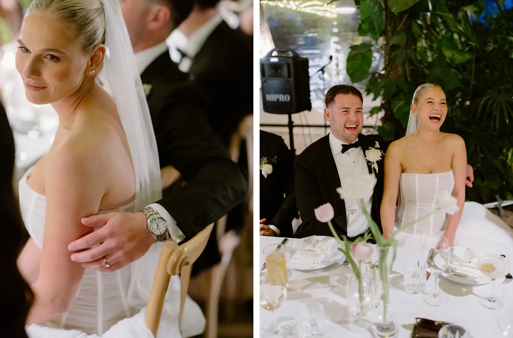 Georgia over her shoulder, and the two of them laughing at the bridal table, Botanica Plantation House