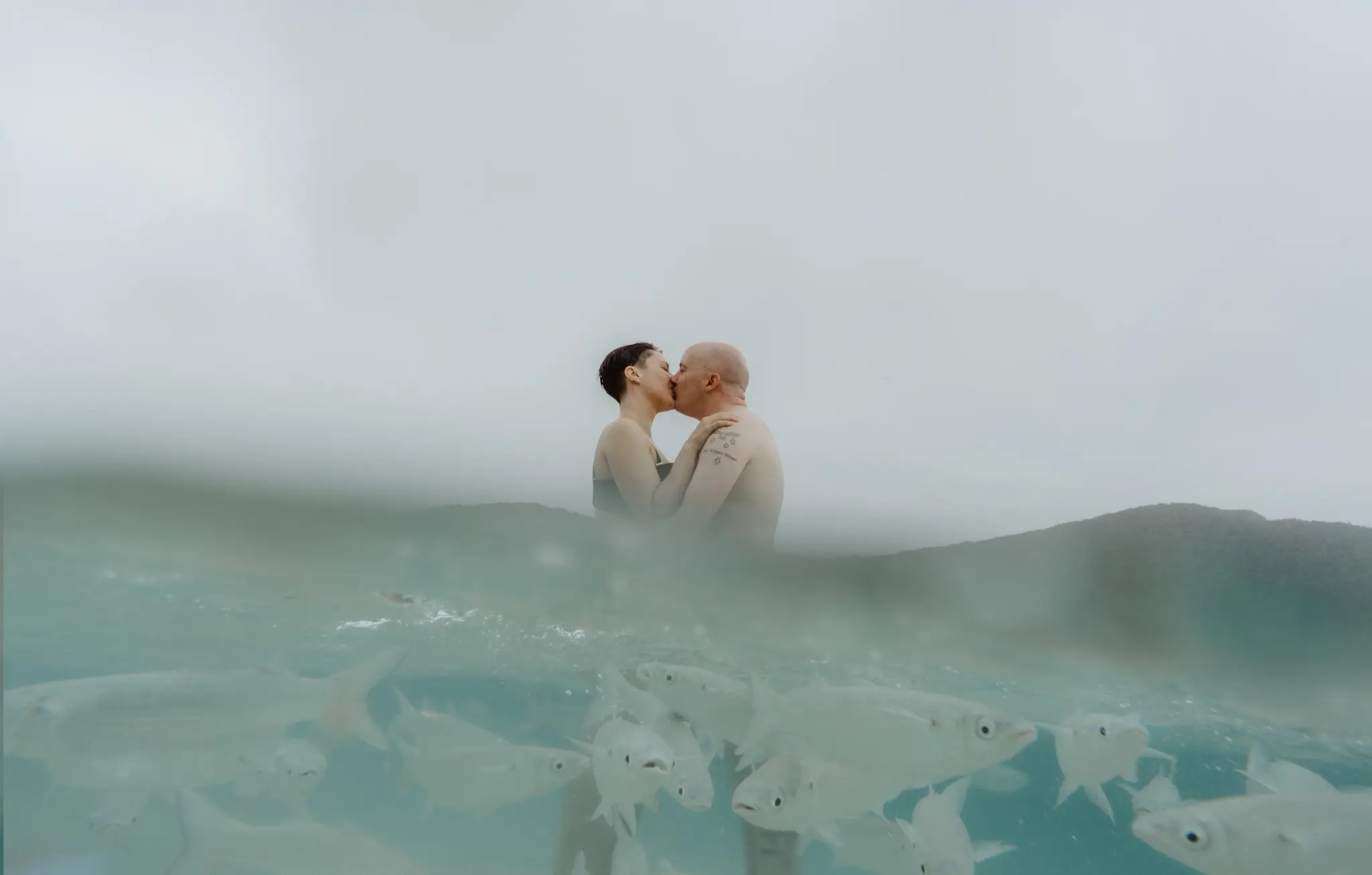 Couple embracing chest-deep in milky turquoise water, fish schooling around them