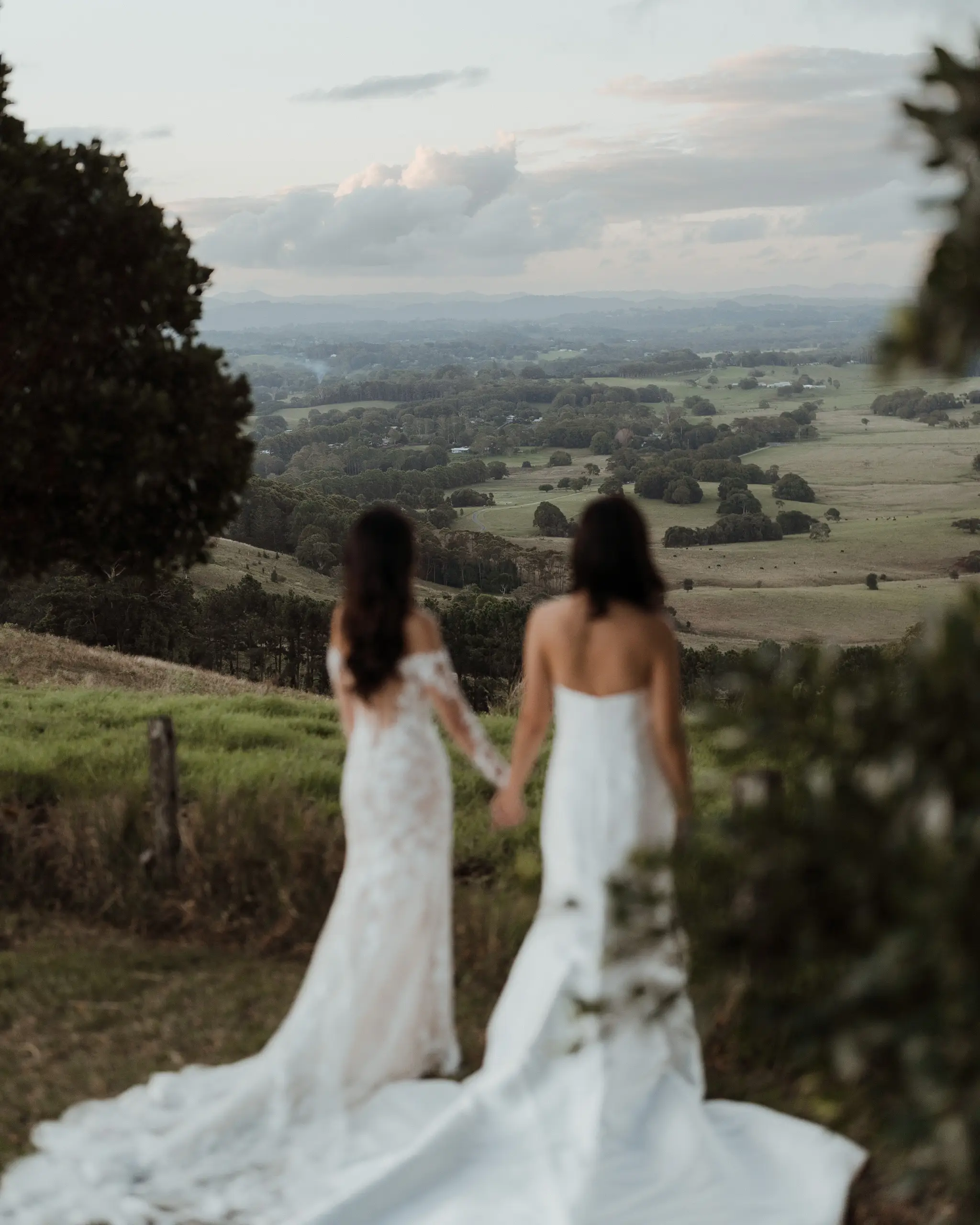 Two brides looking out over a green hinterland valley