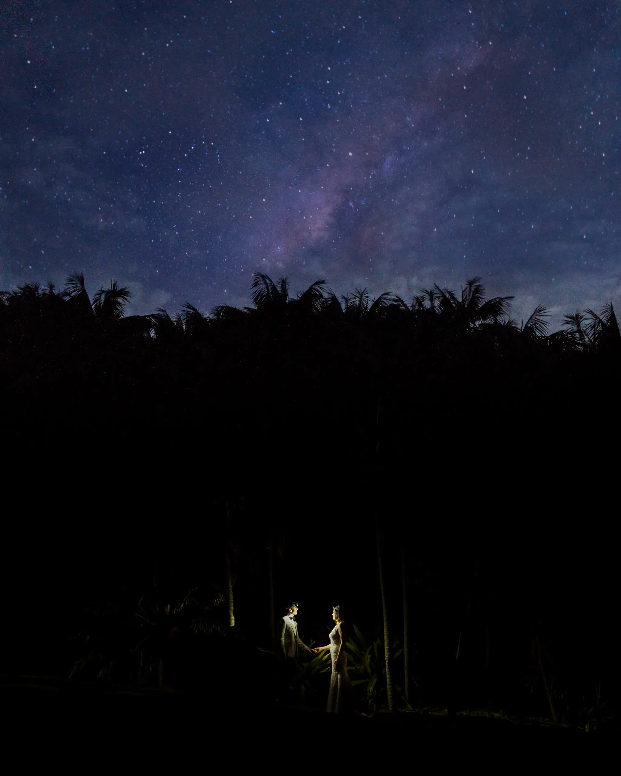 The couple tiny beneath a violet field of stars