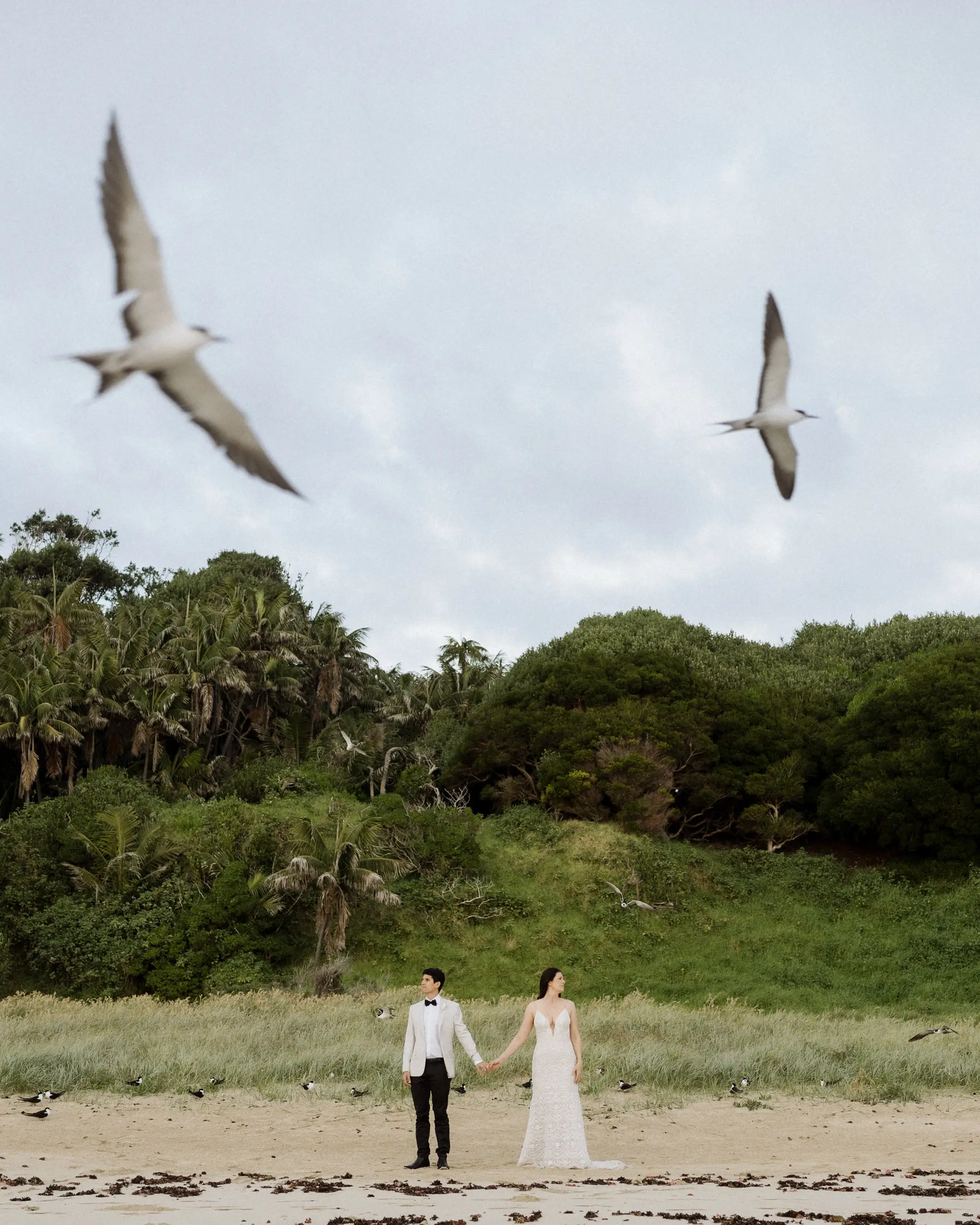 Two seabirds sweeping over the couple at the beach edge