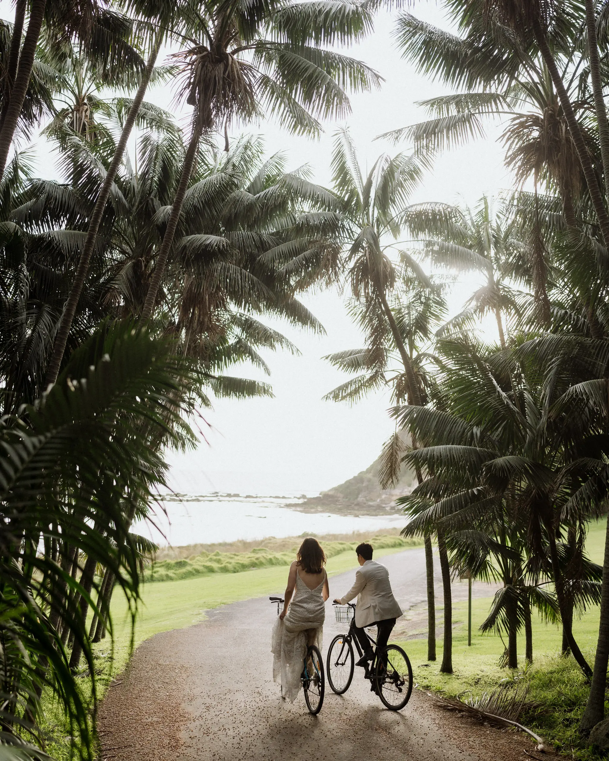 Bride and groom wheeling a bicycle down a palm-lined lane