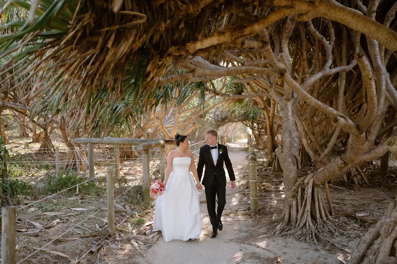 A couple walking hand in hand beneath twisting pandanus branches, Babalou, Kingscliff
