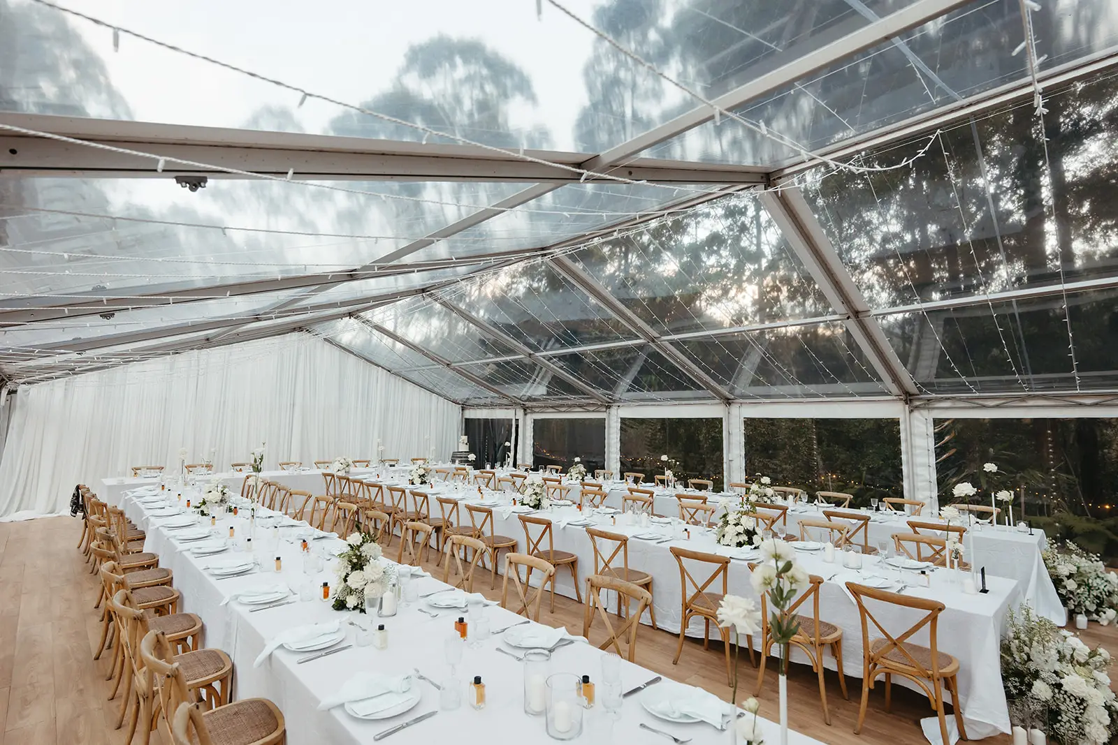 The marquee before dinner, hills visible through the clear walls, The Bower Estate