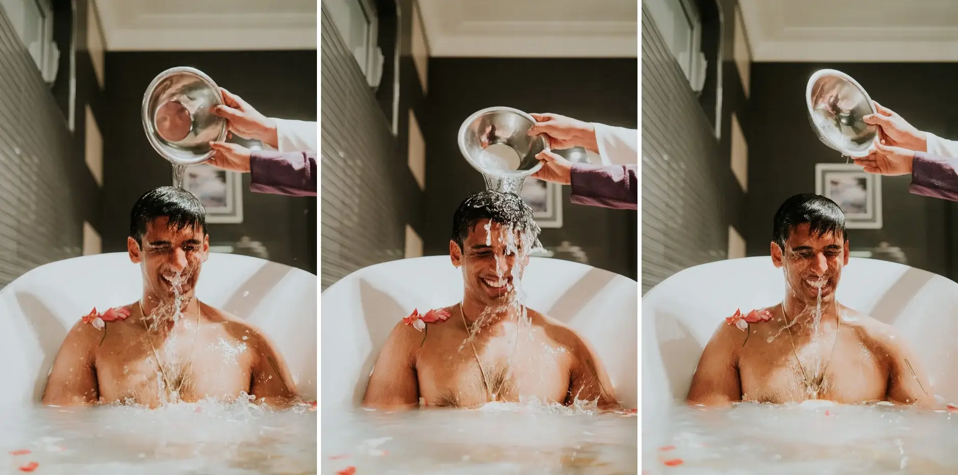 Milk being poured over Brahman during the ritual bath, three frames