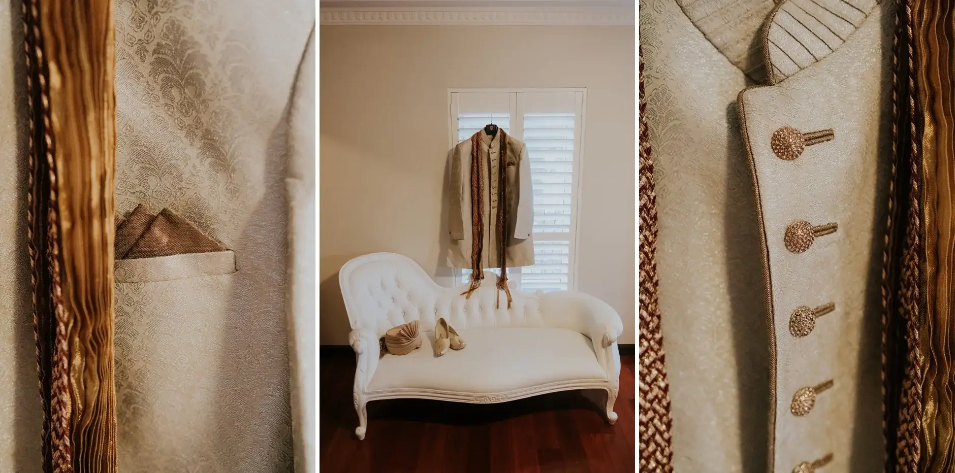 The gold-embroidered sherwani hanging ready, and its buttons up close