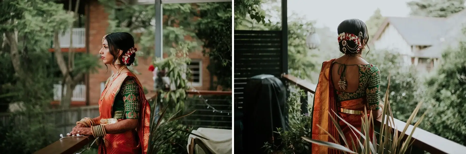 Priyanka in her red bridal sari in the garden, two frames