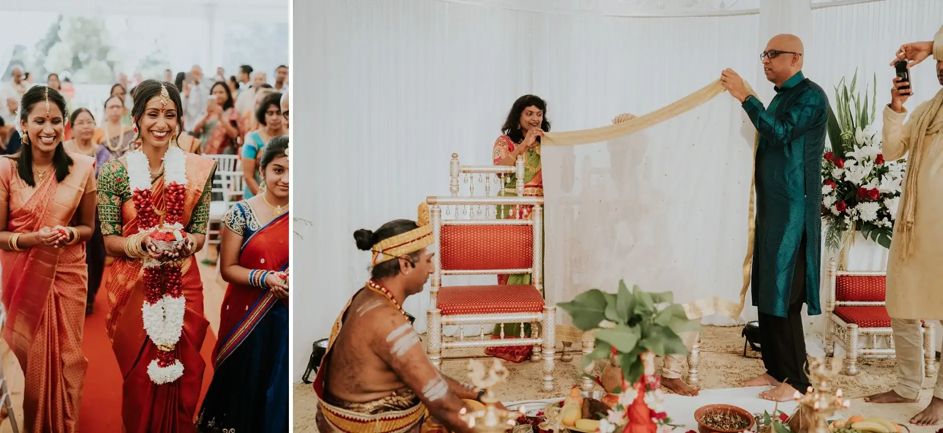 The curtain being raised between bride and groom, two frames