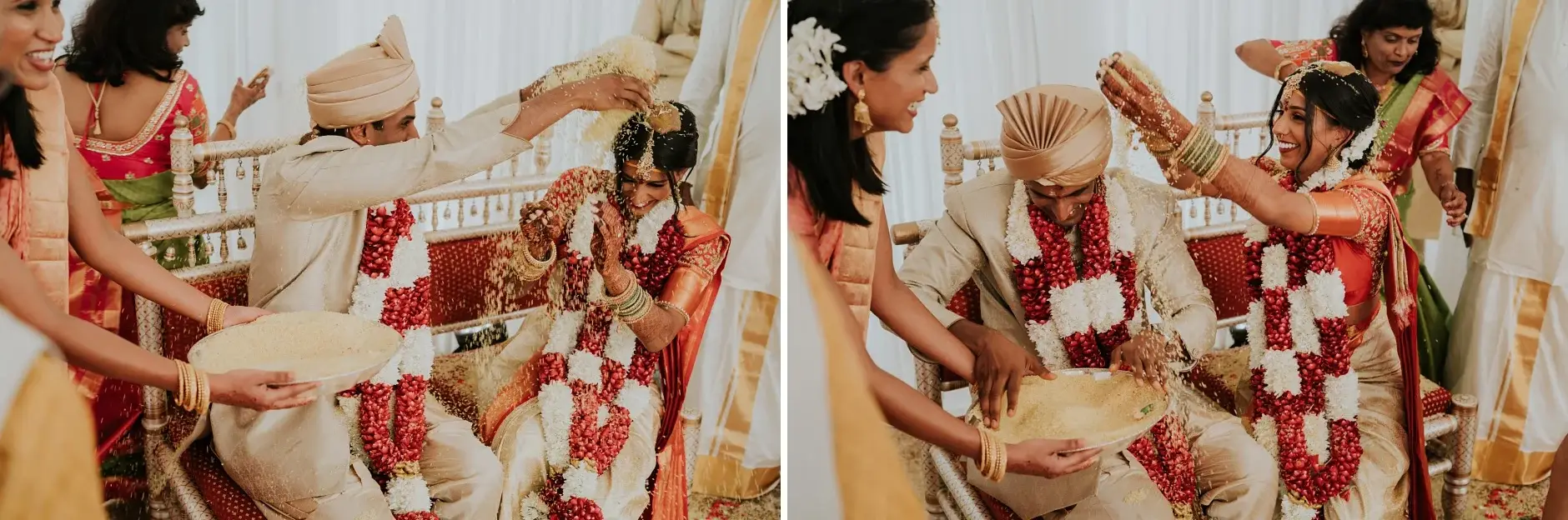 Rice and offerings being showered on the couple, two frames