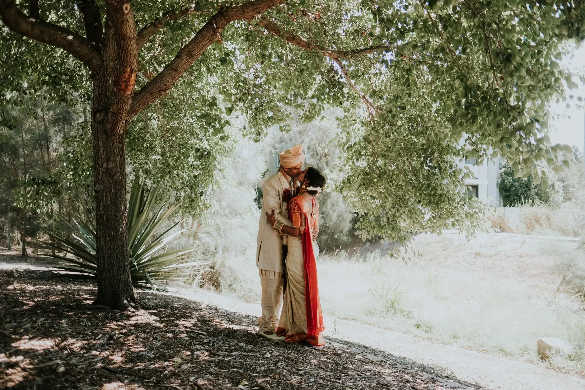 Priyanka and Brahman beneath a big tree in the temple grounds