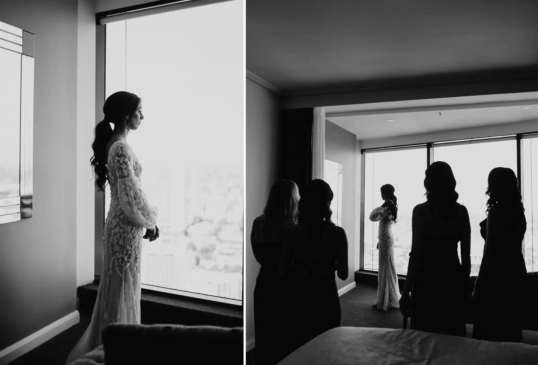 Priyanka at the hotel window, and the room in silhouette