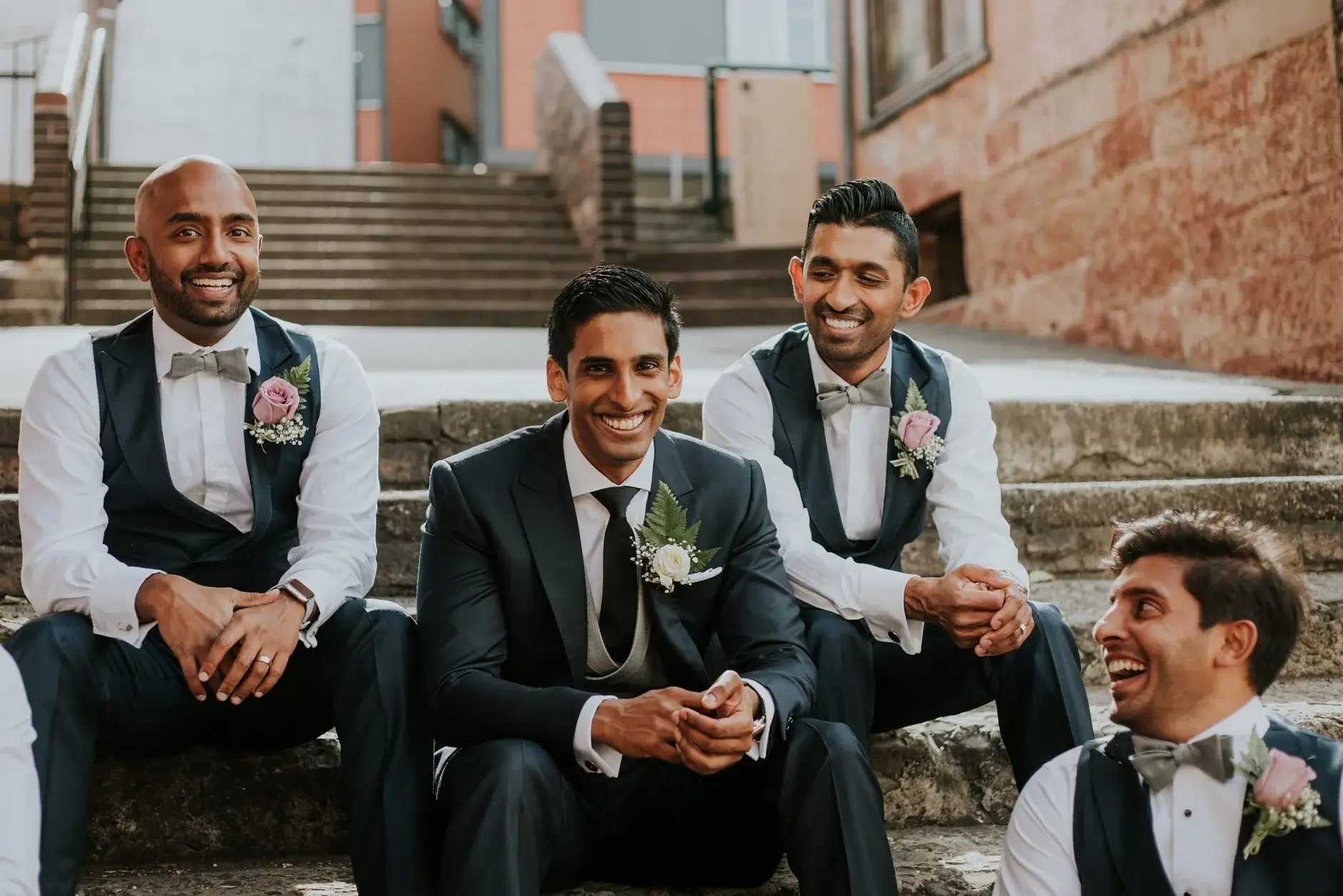 Brahman with his groomsmen on the stairs, Sydney