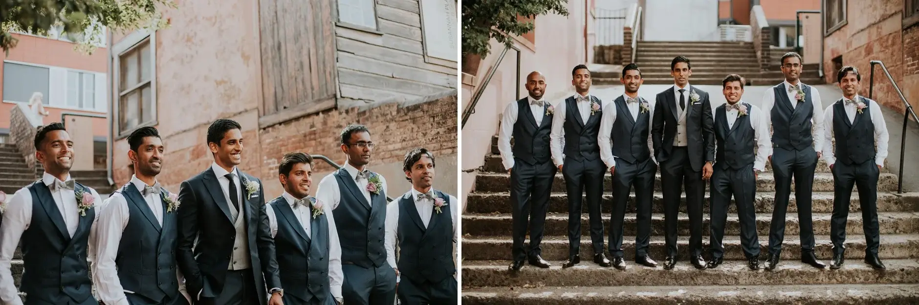The groomsmen walking, and lined up in the laneway, Sydney