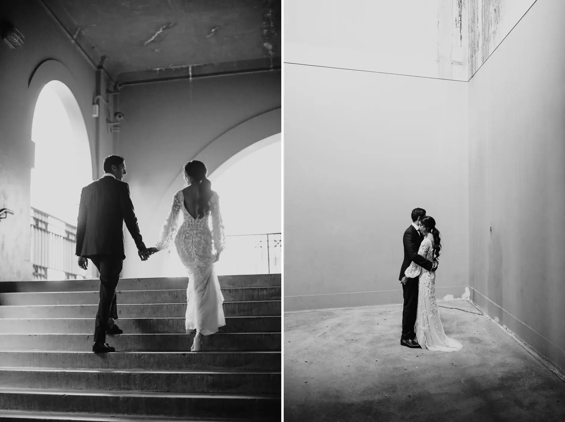 Climbing the stairs, and a kiss in the white light, black and white