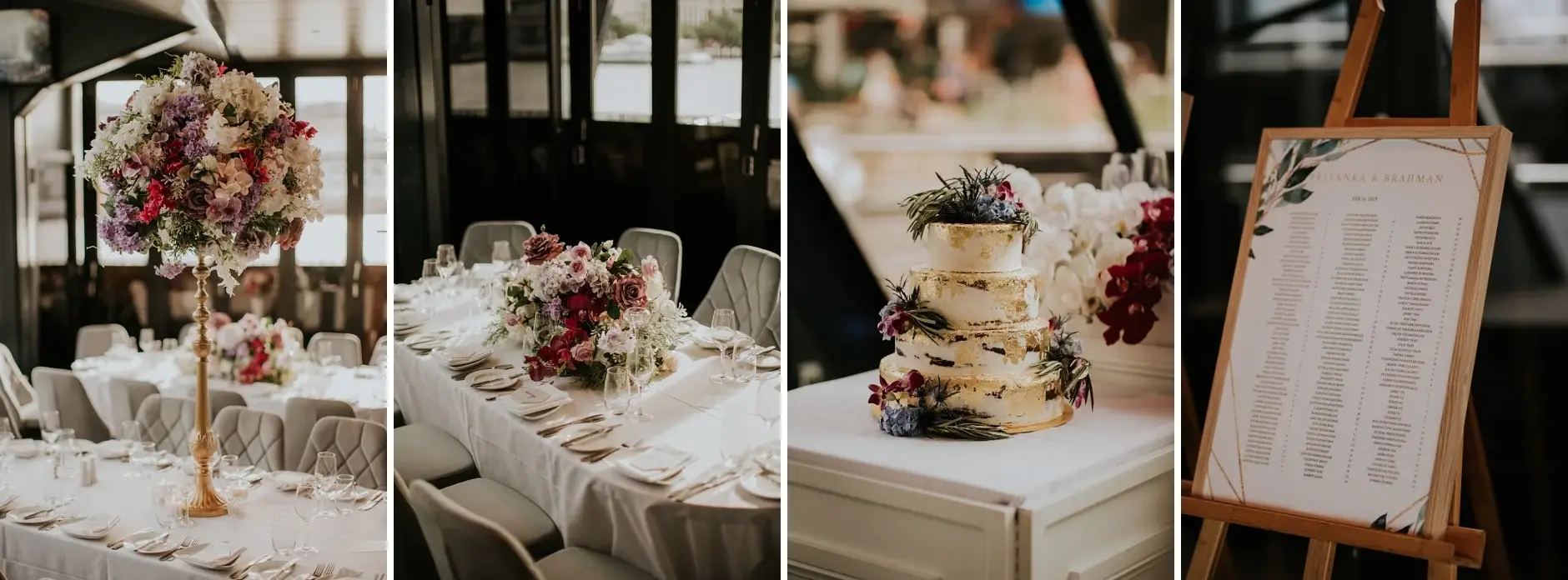 The reception tables, the cake and the seating plan, four frames