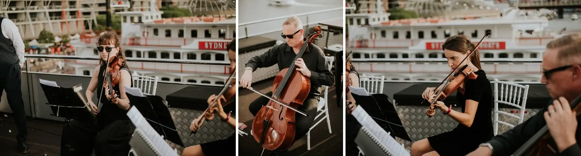 The string quartet playing at the ceremony, three frames, Sydney