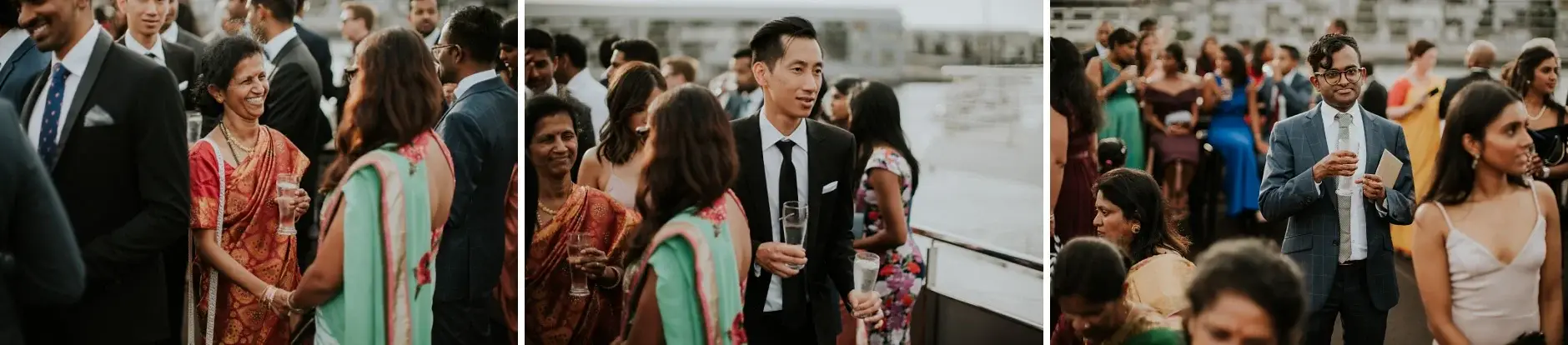 Guests arriving and greeting each other, three frames, Sydney