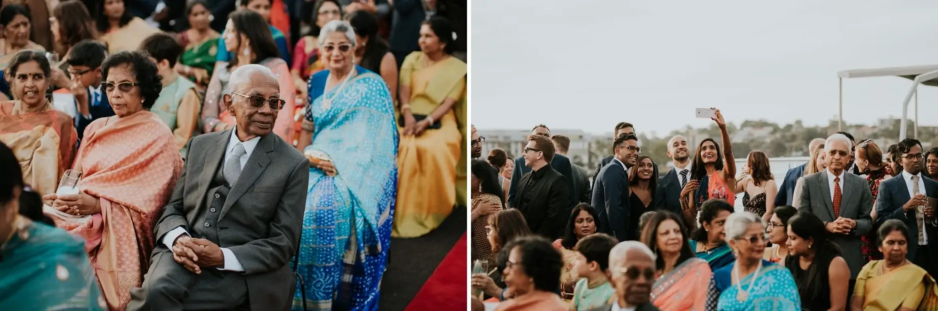 Family seated and standing at the ceremony, two frames, Sydney