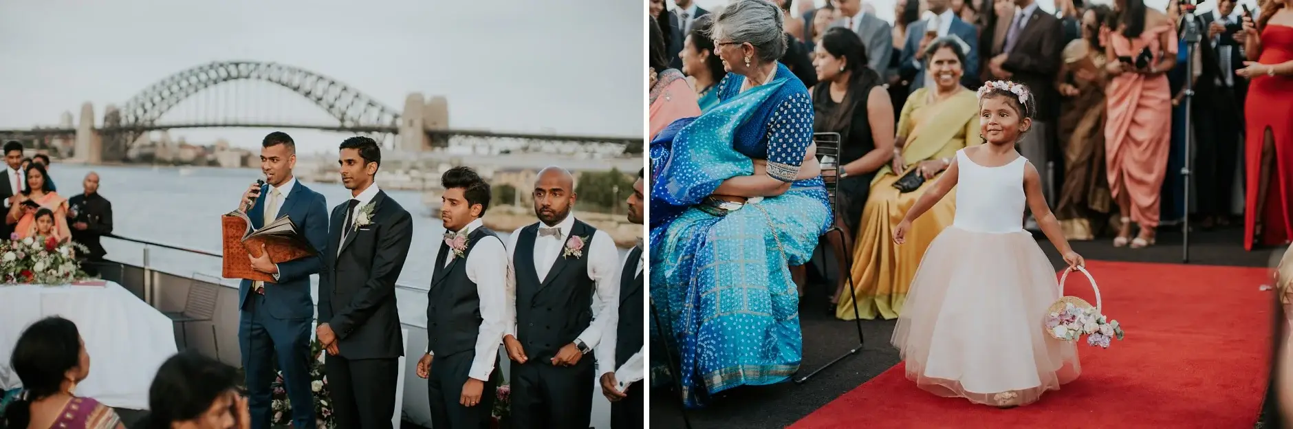 A flower girl walking the red carpet, two frames, Sydney