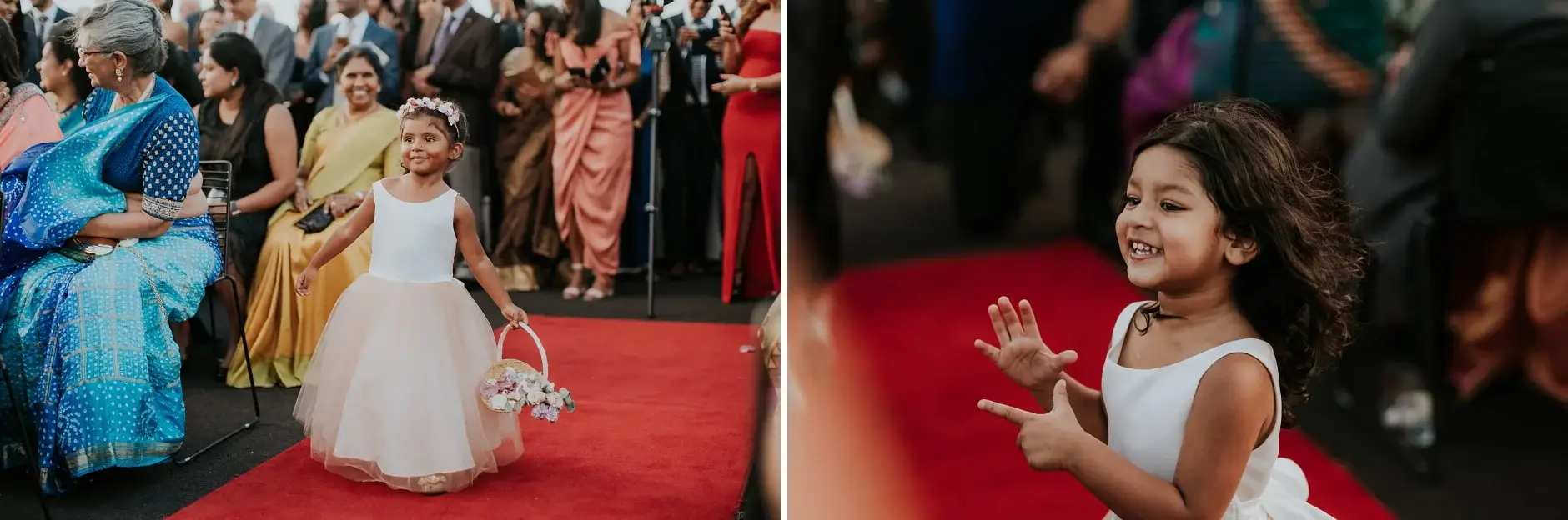 The flower girl on the red carpet, two frames, Sydney