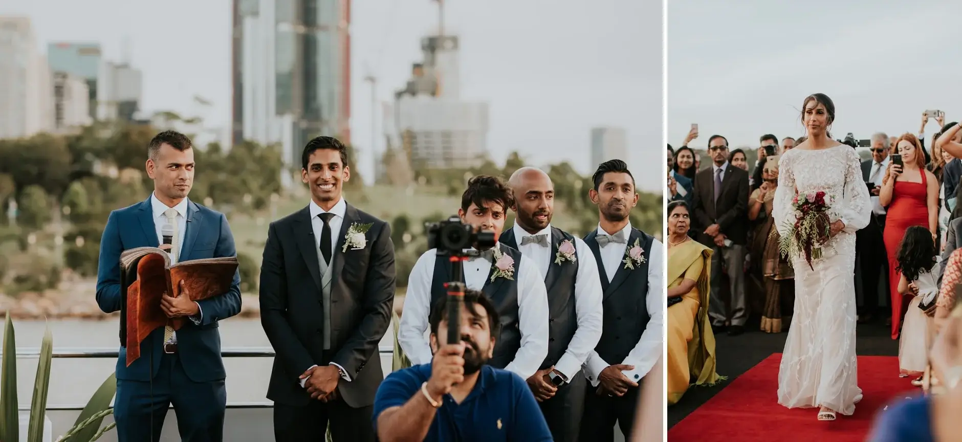 The groomsmen waiting, and Priyanka walking the aisle, Sydney