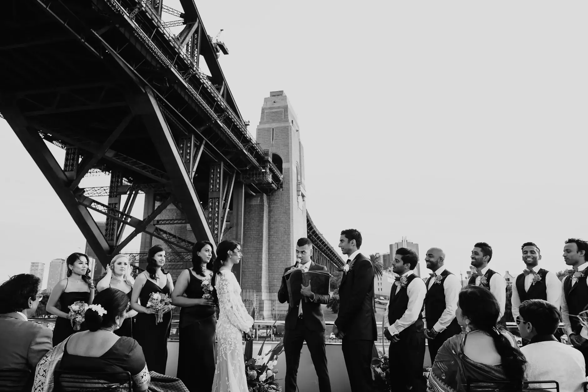 The ceremony beneath the Harbour Bridge, black and white, Sydney