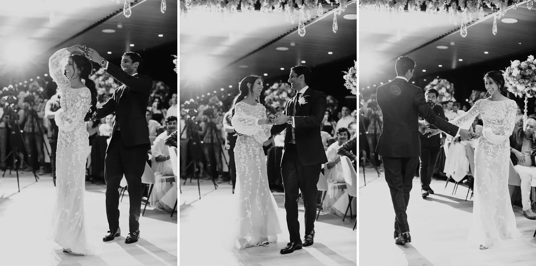 Priyanka and Brahman dancing, three frames, black and white