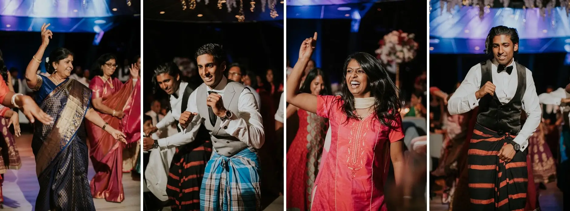 Guests dancing in saris and suits, four frames, Sydney