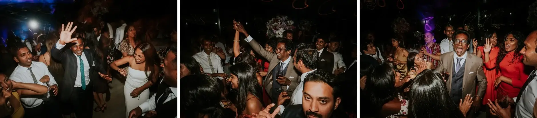 Guests dancing with arms raised, three frames, Sydney