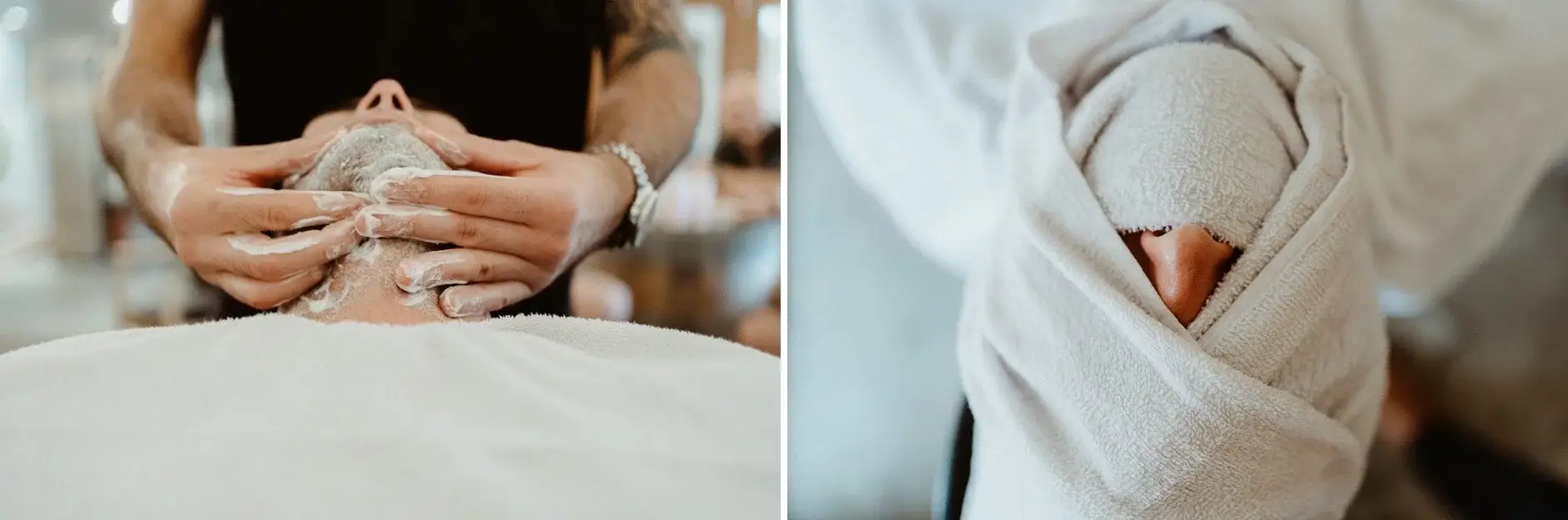 Matt's hands resting together before the barber's cape goes on, Byron Bay