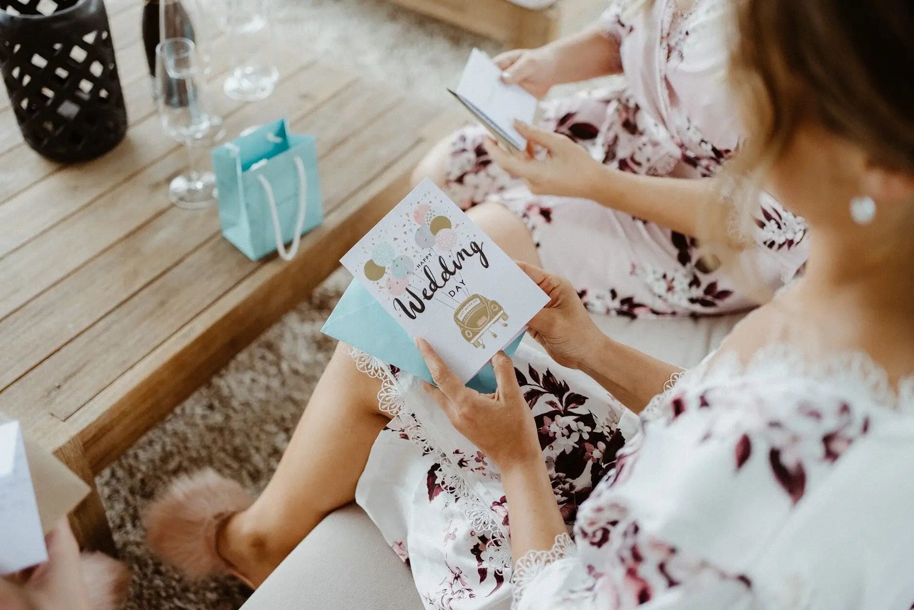 Small wrapped gifts and cards being opened among the bridesmaids, Byron Bay