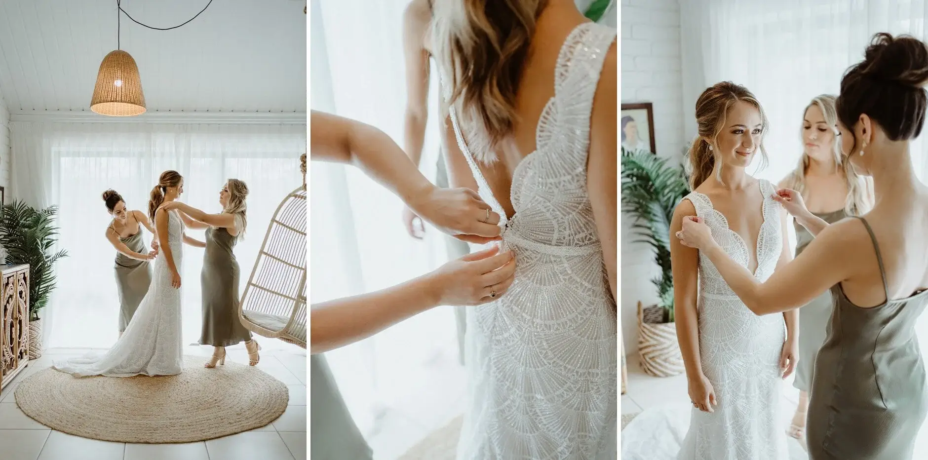 The bridesmaids doing up the back of Breanna's gown, Byron Bay