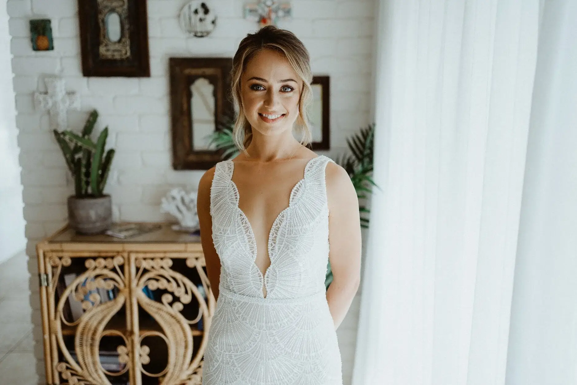 Breanna in her gown in front of the window, Byron View Farm